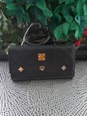 MCM Black Quilted Leather Wallet with Gold Accents, Vintage.